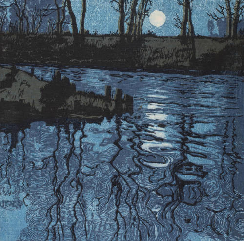 wetreesinart:Hugo Henneberg (Austrian, 1863-1918), Der Blaue Weiher [The Blue Pond], 1904, Linoleum 