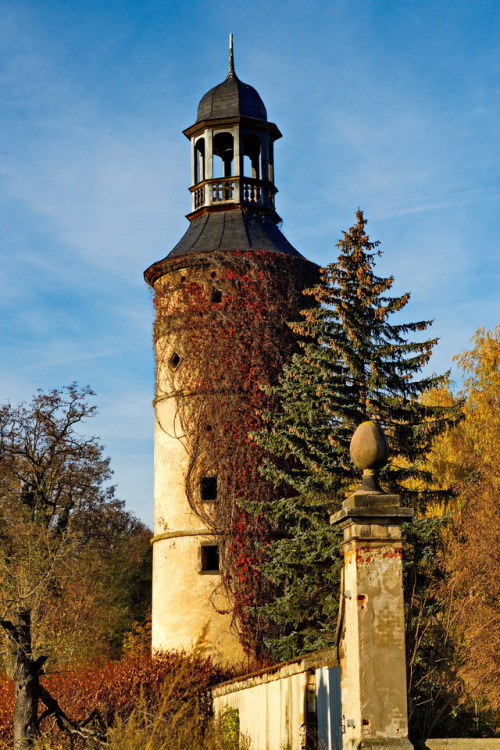 Ivory tower. Elfenbeinturm.Tower at the baroque castle Oppurg, October 2015.