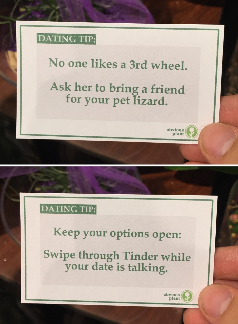 obviousplant:  Free dating advice left in the floral department of a grocery store