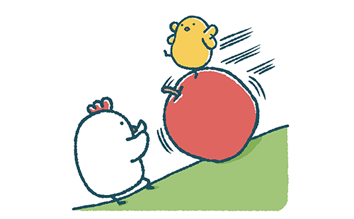 ゆるいひよこは転がる大きなりんごに乗ってにわとりはそれを止めようとしている イラストエッセイのaieku