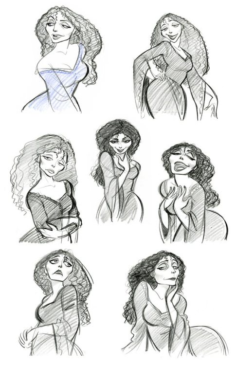 bluedragonkaiser:theanimationarchive:Character design images and Model sheets for Mother Gothel from Disney’s Tangled. Artwork by Jin Kim.Source: Cosmo Animato  slbtumblng ;9