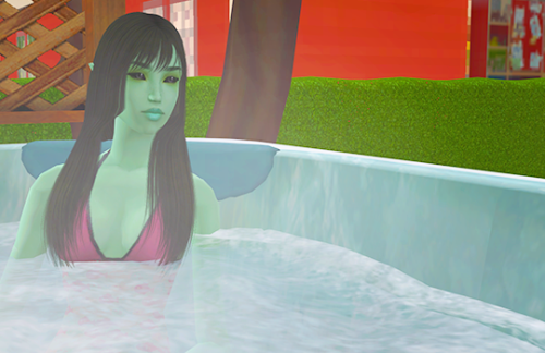 Luna and Selena have a slightly better idea and hop into the hot tub. 
