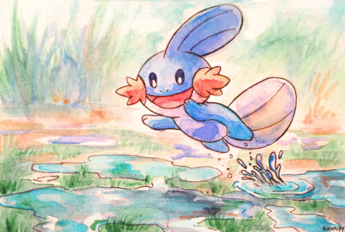 rileykittyarchive:Mudkip family for inktober days 9, 10, and 11, plus watercolor!My fave Hoenn start