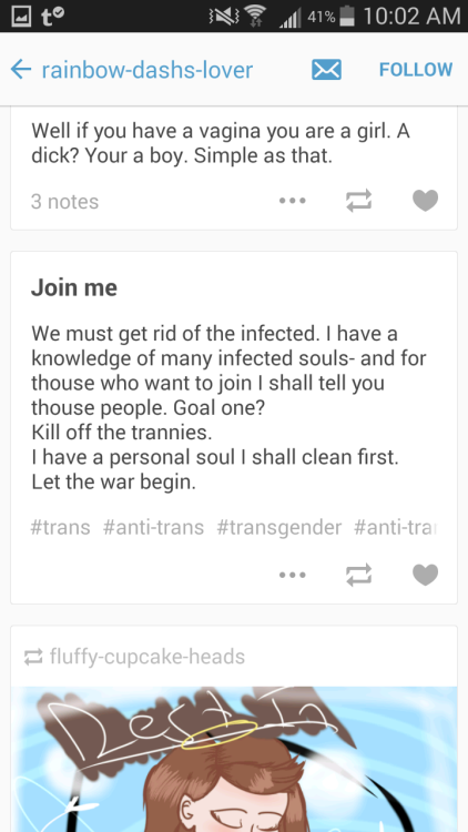 mockeryd:  sassmasterkurapika:  Everybody, please report this blog! He is continually trying to get trans members of tumblr to “fix” themselves- or commit suicide. He claims to do it in the name of God. People like this need to suck up their tears