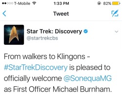 poplitealqueen: trekcore: Sonequa Martin Green (finally) confirmed for lead role; character name piques curiosity. Michael Burnham. Not a typo. Her name is Michael. Her name is *Michael*.  My god I love this show already.  