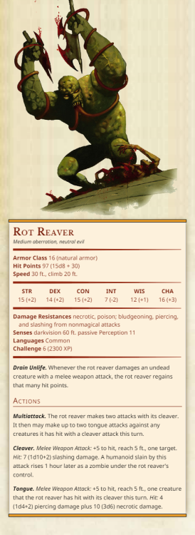 Rot ReaverMedium aberration, neutral evilArmor Class 16 (natural armor)Hit Points 97 (15d8 + 30)Spee