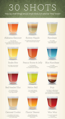 silentgiantla:  A BEAUTIFUL INFOGRAPHIC OF 30 SHOTS It always comes in handy at parties to know how to do cocktails or shots, while we already reviewed these great Cocktail infographic posters (here &amp; here), here is another cool poster designed by