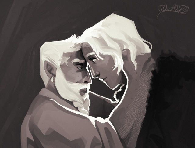 a monochrome digital painting of zolf and wilde from rusty quill gaming as they appear from episode 179 onward, seen in profile from the chest up. zolf is pulling a slightly surprised wilde in by the back of his neck to rest their foreheads together. his expression is somber and he avoids wilde's eyes. 