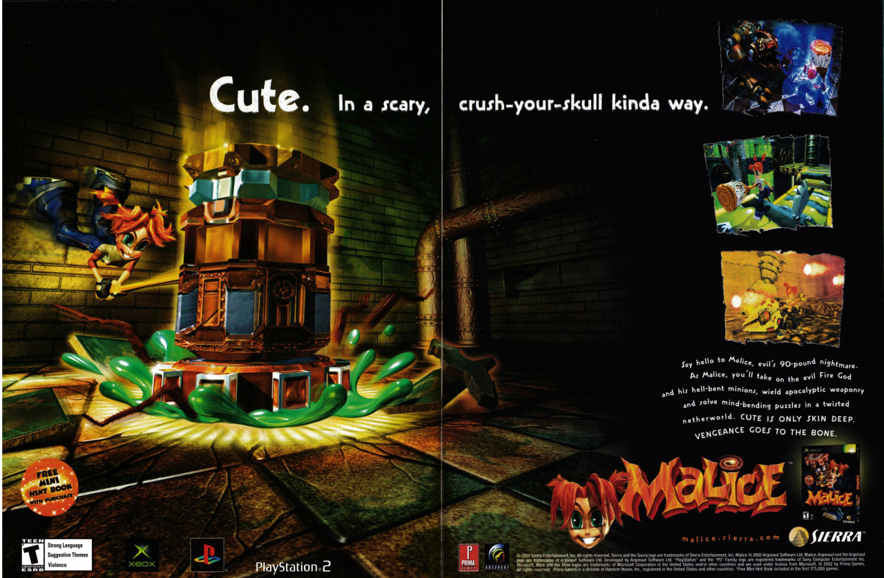 “Malice”
• GamePro, December 2002 (#171)
• Poor Malice: game about a punky little goddess wielding giant hammer was muddled in development hell for quite awhile; the game was originally designed for the original PlayStation, but later it was retooled...