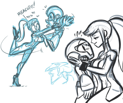 awdplace:So yeah… I honestly think these two look cute together so I doodled some stuff just for fun. I am not ashamed, lolOkay, maybe a little, but I don’t regret it!Samus is the cutie~ <3