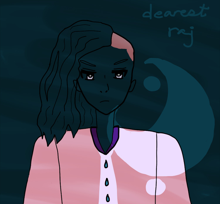 art of raj under the sea with dark blue oceanic sweep; raj has his undercut and hair pulled to his right, and has noticeable silver eyes and is frowning while looking down at something and his suit has 3 water droplets under a violet suit collar. at one side is his personal moon symbol and above it says 'dearest raj.'