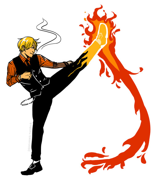 devkimiko:Two blonde idiots playing with fire. I am having altogether too much fun practicing action poses. Also, One Piece doesn’t care about your physics because it’s way cooler to kick people with flames