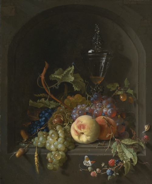 laclefdescoeurs:Still Life of Grapes, Peaches, Blackberries, Acorns, Prickly Fruit, an Elaborate Gla