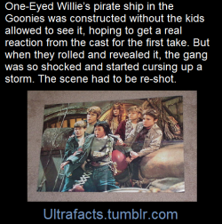 ultrafacts:    One-Eyed Willie’s pirate ship was a real set that was built to look like Errol Flynn’s ship in The Sea Hawk. While it was being constructed, the kids were not allowed to see it; the ship was hidden on another set behind tarps. Donner