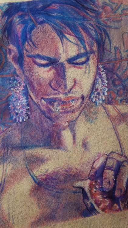 Joseph (in then-boyfriend&rsquo;s costume jewelry) col-erase pencil on khadi cotton (+some gouac