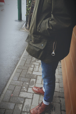 springyyy:  Charlie today in his Barbour Beaufort and leather clarks original desert boots 