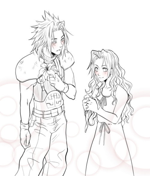 boomchickfanfiction: [image description: A warm illustration of Zack and Aerith. They are standing c