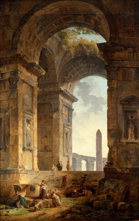 la-catharsis:Hubert Robert - Ruines avec une obélisque dans le lointain (Ruins with an obelisk in th