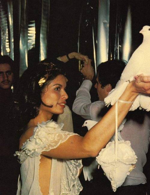 Bianca Jagger holding a white dove at Halston’s disco bash at Studio 54, 1977