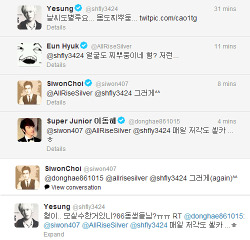          Yesung’s convo with EunSiHae the trolls:      @shfly3424: the weather is bad… And my body is tired too…  @allrisesilver: @shfly3424 Hyung, your face looks tired too. That’s too bad… @siwon407: @Allrisesilver @shfly3424 It is too