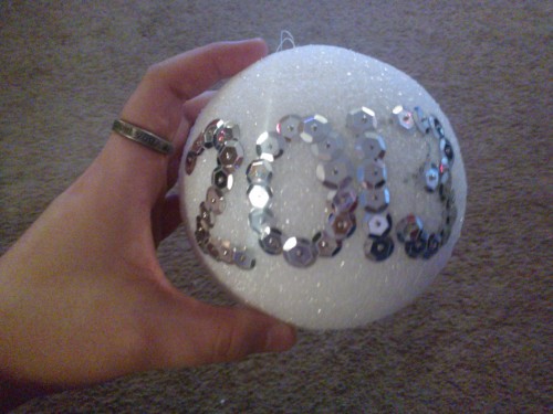 Starting on my homemade Christmas ornament early, so it’ll be done by Christmas. On the bottom is last year’s ornament all finished so you can get an idea of how it looks all done. I have to pin all of these sequins in a pattern by hand. I
