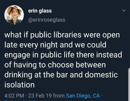 impling: captaindibbzy: raptorkin: cryptiboy: what if public libraries were open late every night so