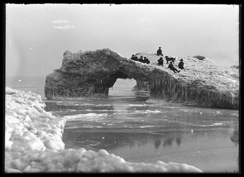 Ice on lake by sanitarium, Lake Michigan, Kenosha County, Wisconsin, February, 1906.Photograph by Lo