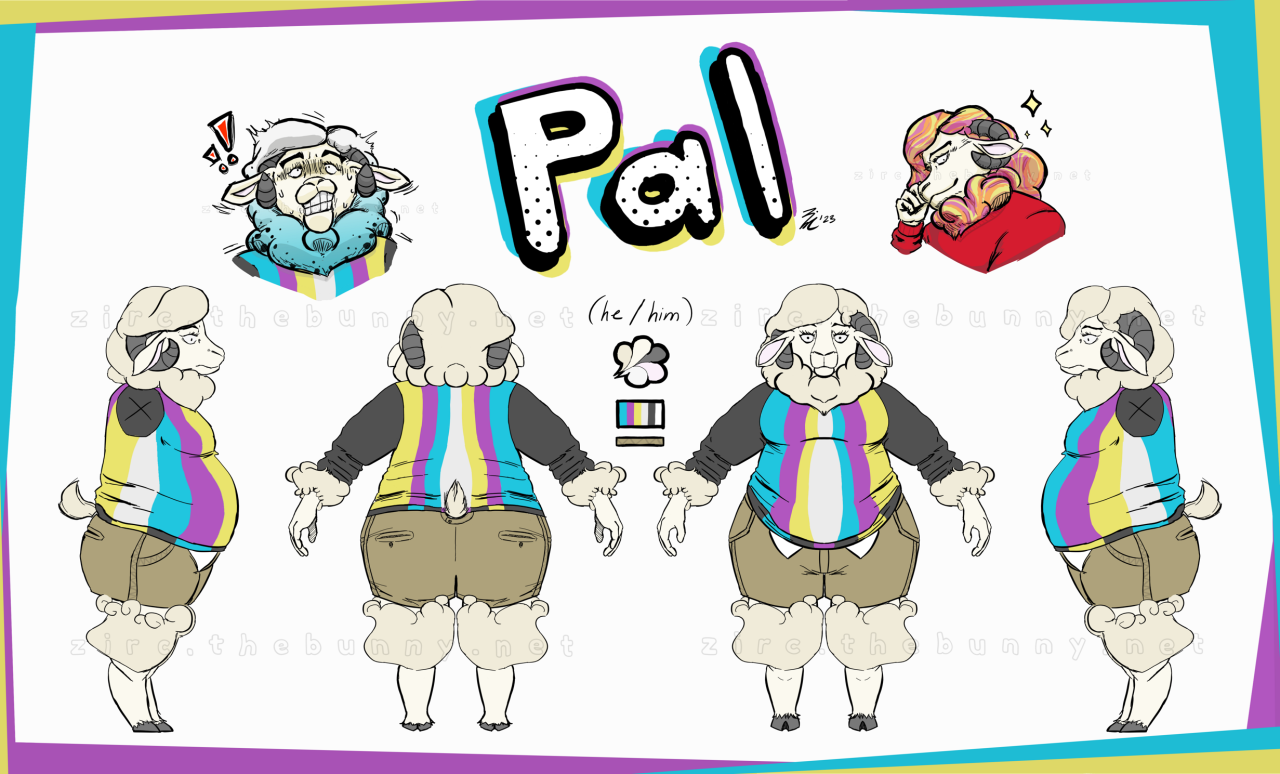 Reference sheet for a colorful ram character named "Pal".
