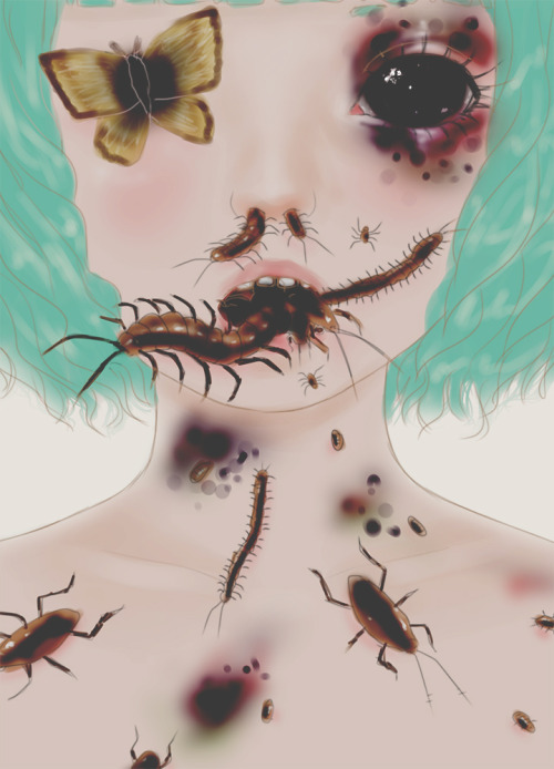 saccstry:  Day 15: Insects I drew the outlines a while ago but colored it today. Inspiration for the guro challenge is back yaay.EDIT: lightened the colors to better fit with the rest of the days 