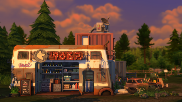 A container home in Moonwood Mill, a neighborhood in The Sims 4. There's an old trailer operating as a bar located next to it. There's a lot of garbage around.