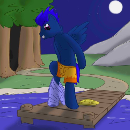 Looks like Lightning Blaze is about take a bit of a late night dip during the full moon.  And since no one should be around this late, he’s thinking about maybe taking advantage of the seclusion…