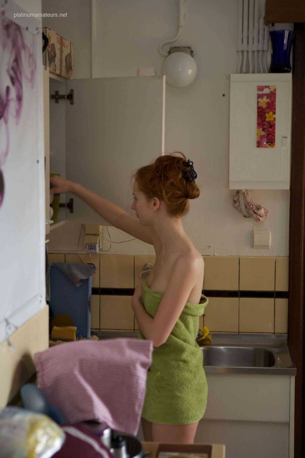 Adelle / Juliette, my longtime mystery redhead, getting ready in the morning.