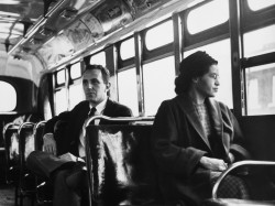 hauntedbystorytelling:Rosa Parks seated toward the front of the bus in Montgomery, Alabama, 1956 [Underwood Archives] /   more [+]  Rosa Parks posts