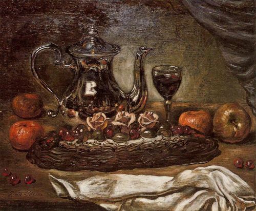 Silver teapot and cake on a plate, Giorgio de ChiricoMedium: oil,canvas