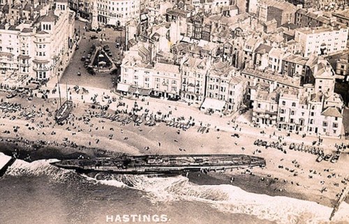 The German submarine U-118, which surrendered at the end of World War I.  The U-Boat was being towed