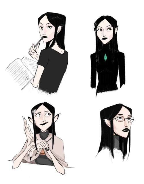 upper left is a bust of lilith looking to the left, slightly over her left shoulder. she has a pen to her mouth and is holding a book in the other hand, draped over her arm. upper right is a bust of lilith looking to the right, side eyeing and plainly standing, lower left is lilith looking nervous and stimming a bit, slapping her upper hand with her other hand, her elbows rest on a table. she is in her coven uniform. lower right is a head shot of lilith looking right and up, wearing glasses. all of them have her black hair.