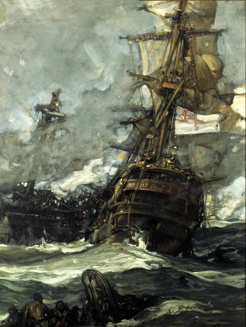 shear-in-spuh-rey-shuhn:FRANK BRANGWYNThe Brunswick Caught Anchors With Her EnemyOil on Canvas22” x 