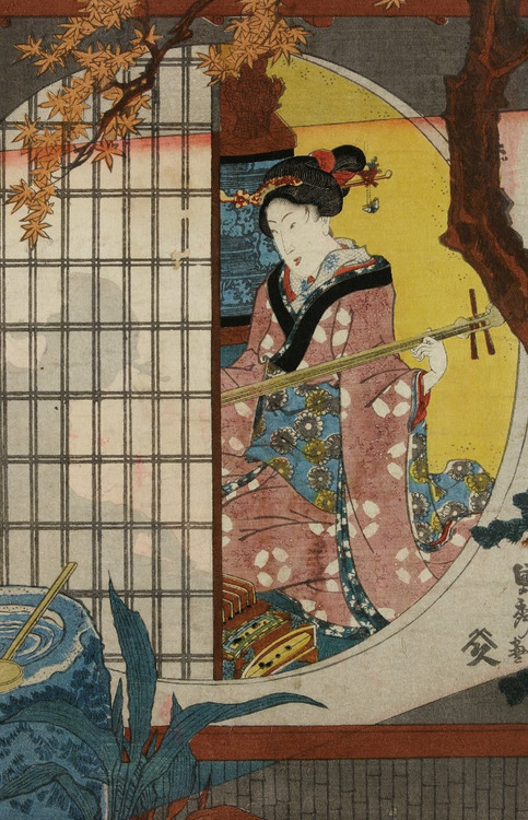 Ukiyo-e woodblock print of a samisen and koto players, one visible through the semi-transparent &