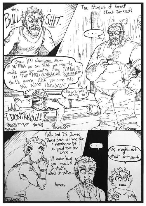 pigdemonart:  Retirement: Part 10.5[Previous] — [Next]—-Here’s the another part of the old Junkers comic, also known asSURPRISE. It’s a bonus comic no one asked for that I drew anyways!!!Just wanted to portray how terribly Junkrat handles bad