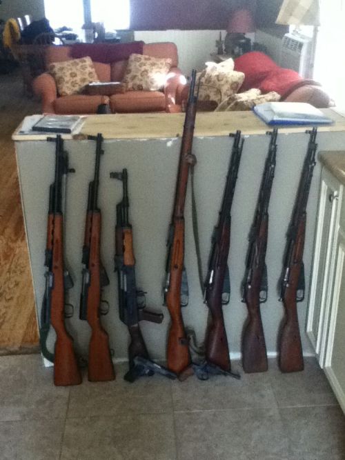 cerebralzero:  sev89:  Left to right: Two Norinco SKS’s, a MAK-90 (in front, Romanian TTC and 1895 Nagant revolver), a Mosin Nagant 91/30, a Russian M44 mosin nagant carbine, and two Chinese M53 copies of the M44.  Nice collection! soviet to the max