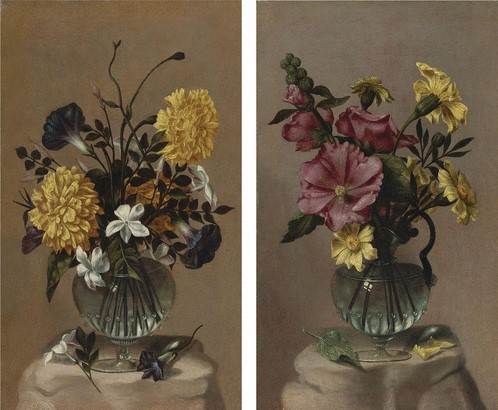 Antonio Ponce (Spanish, 1608–1677)“Vase of hollyhocks and African marigolds” (+ Vase of French marig