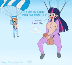 nsfwkevinsano:  phallen-f:  It’s Kevin Sano’s (  @kevinsanoposts / @nsfwkevinsano / @sanohell ) birthday, which means drawing Twilight Sparkle with a dick.  Here’s my Air Ponyville flavored contribution.  Happy b-day, Kev.   condom filling~thanks