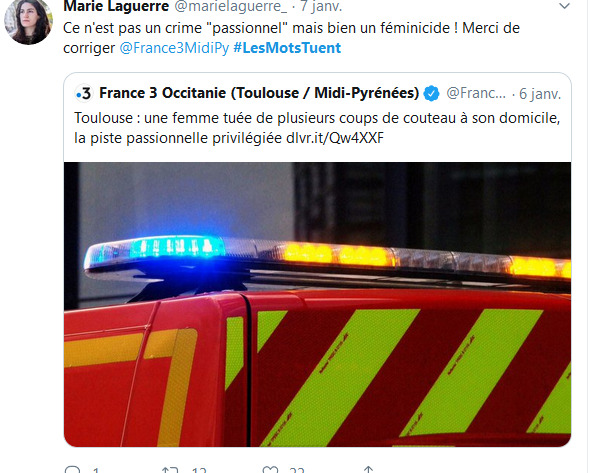 France 3 Occitanie - 06/01/19 : titre corrigé depuis en “ Toulouse : une femme tuée de plusieurs coups de couteau à son domicile, son conjoint recherché “
