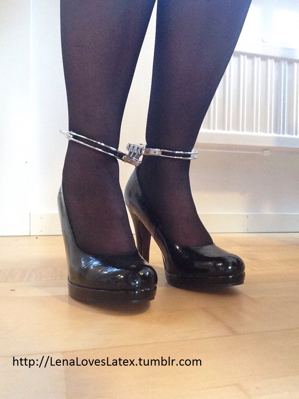 lenaloveslatex:  Strict ankle cuffs, high heels and stockings. Lena’s not going
