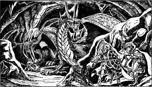 oldschoolfrp:Two black dragons sniff the air and listen for echoes in their cavern lair beneath “The