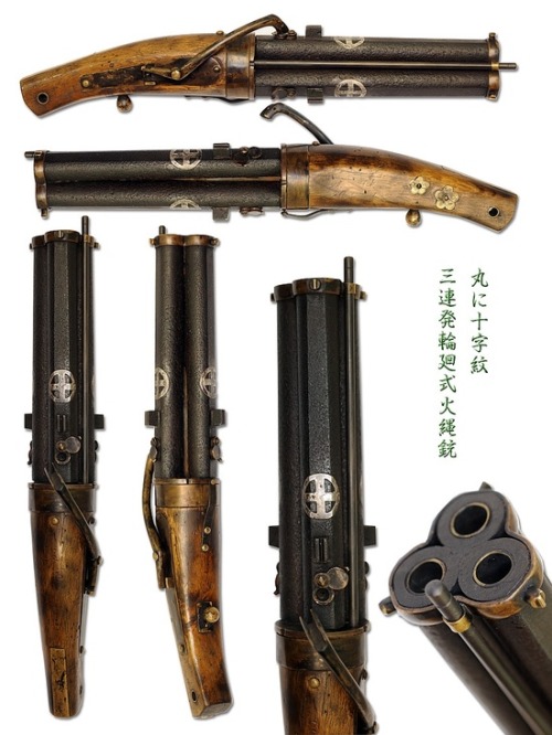 Rare Japanese revolving three barreled matchlock pistol.  Barrels are silver inlaid with the Shimazu