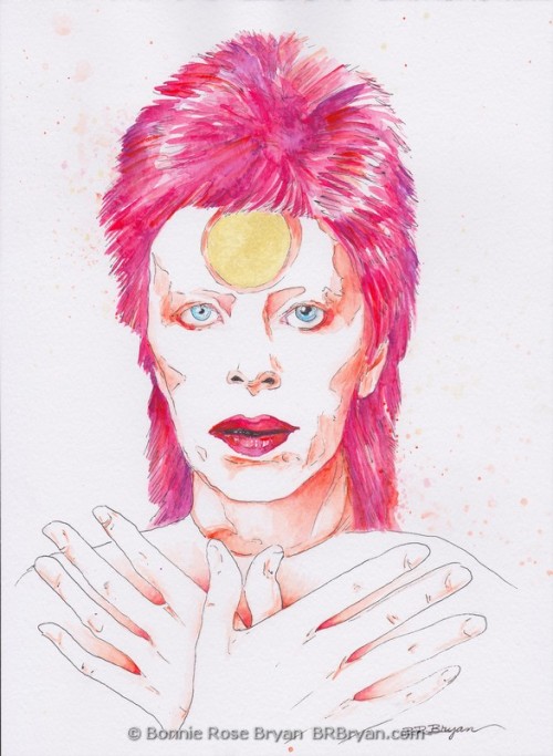 “Wonderful”portrait of Ziggy Stardust / David Bowieink pen, watercolour crayon, and eye shadow on A4