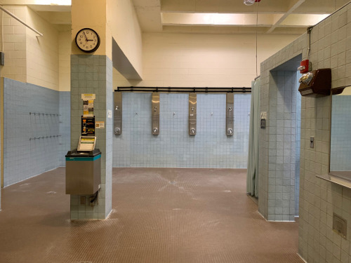 The showers in the men’s locker room in the Heskett Center at Wichita State University, Kansas.