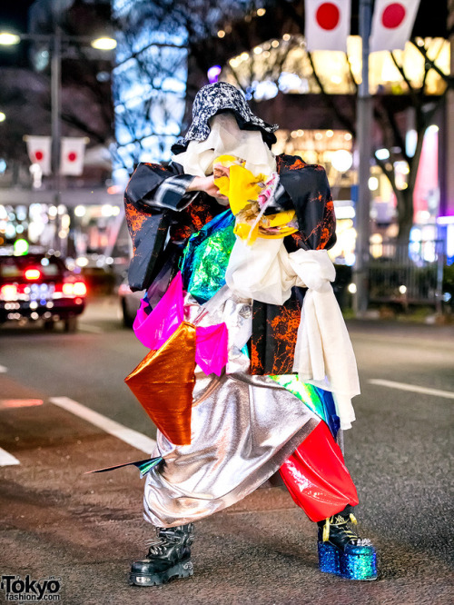 17-year-old Japanese high school student Kanji on the street in Harajuku wearing an avantgarde handm