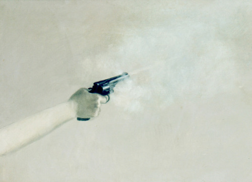 thunderstruck9:Vija Celmins (Latvian/American, b. 1938), Hand Holding a Firing Gun, 1964. Oil on can